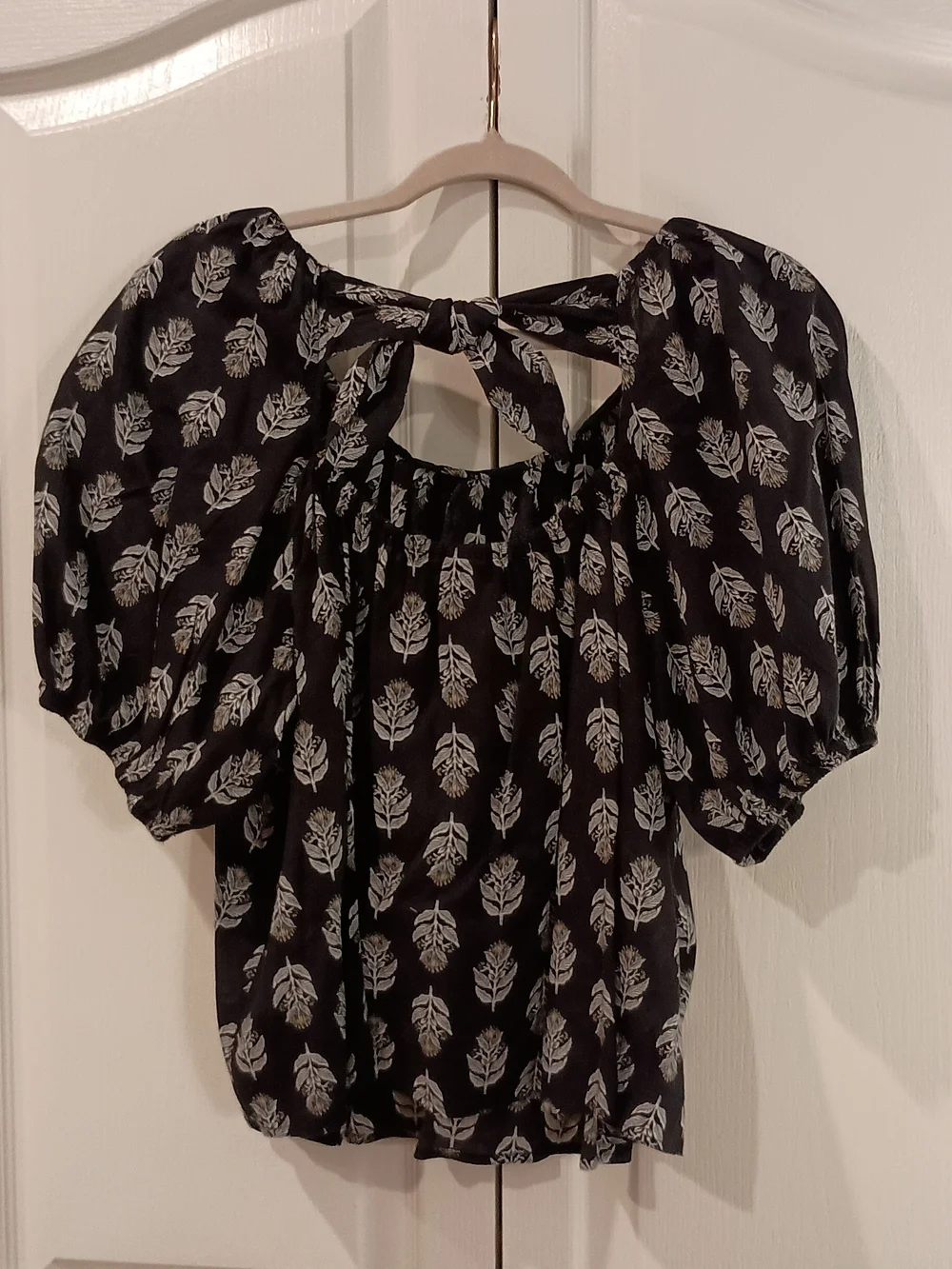 Old Navy Black Blouse with White Leaf Print